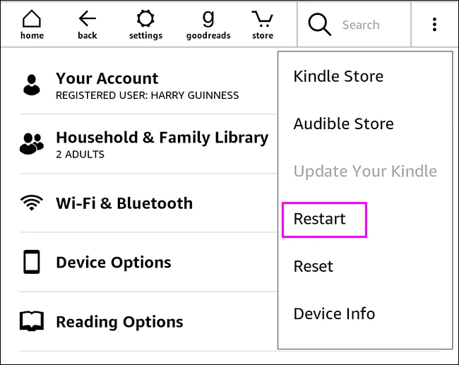 Kindle再起動オプション