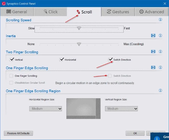 Arahan untuk menukar arah tatal Pad Sentuh Windows 10