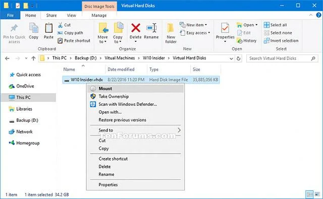 Windows 10 で VHD および VHDX ファイルを添付および分離する方法