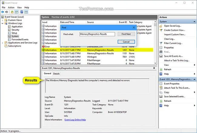 Cara membaca hasil Alat Diagnostik Memori dalam Pemapar Acara pada Windows 10