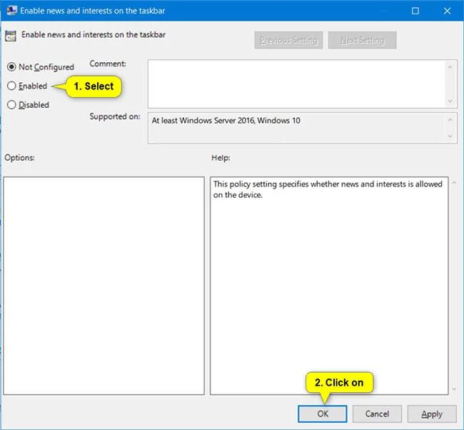 Cara menghidupkan/mematikan Berita dan Minat pada Windows 10
