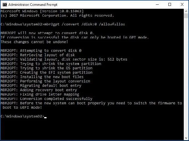 Windowsドライブ上でMBRをGPTに変換します