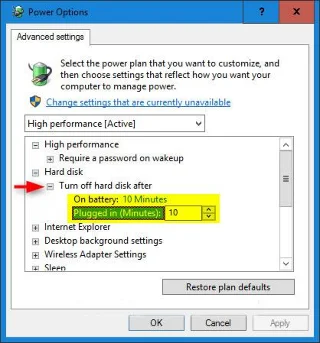 Bagaimana untuk mematikan cakera keras selepas tidak aktif dalam Windows 10
