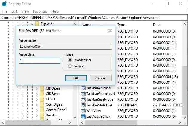 Windows 10 Görev Çubuğu için Son Etkin Tıklama nasıl etkinleştirilir
