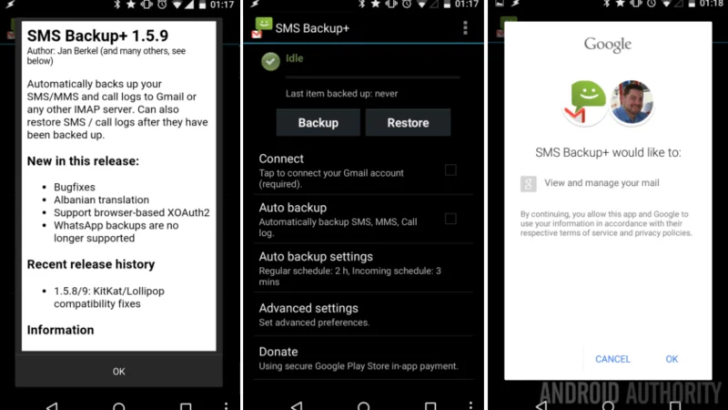 Sandaran SMS, MMS dan log panggilan secara automatik pada peranti Android