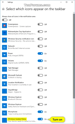 Comment activer/désactiver l'icône d'état de Windows Update dans la zone de notification de la barre des tâches sous Windows 10