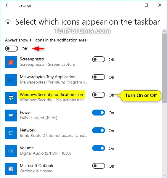 Bagaimana untuk menyembunyikan atau menunjukkan ikon Keselamatan Windows pada Bar Tugas Windows 10