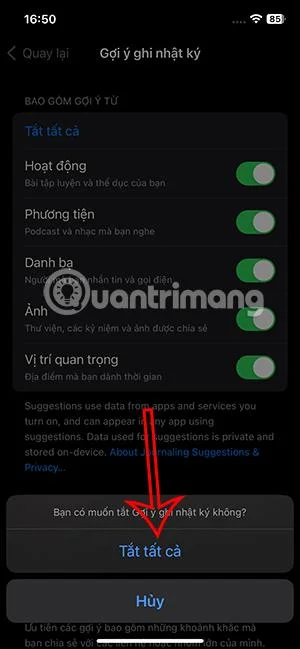Arahan untuk mematikan cadangan dalam Diari pada iPhone