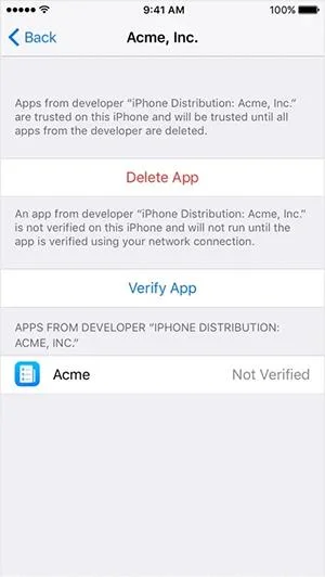 Arahan untuk mengesahkan aplikasi pada iPhone