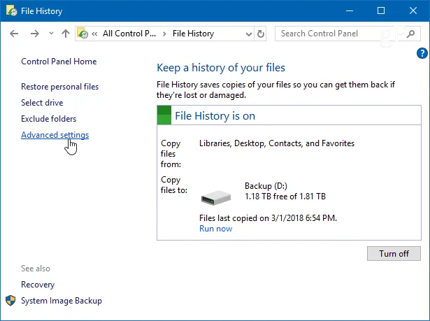 Windows 10'da Dosya Geçmişi'nin eski sürümleri nasıl silinir