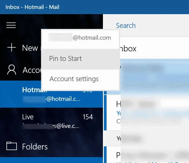 Windows 10'da E-posta hesaplarını Başlat Menüsüne sabitleme