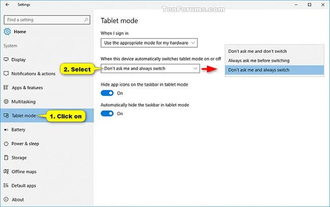 Windows 10'da Tablet Moduna otomatik olarak geçmeden önce sorma seçeneği nasıl etkinleştirilir/devre dışı bırakılır