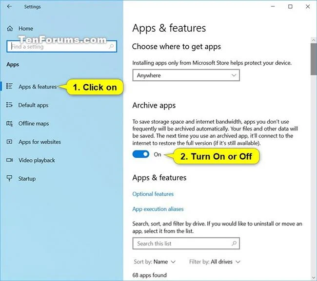 Windows 10'da Arşiv Uygulamaları özelliği nasıl etkinleştirilir/devre dışı bırakılır