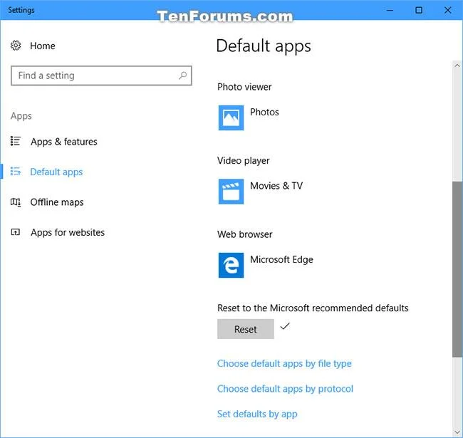 Windows 10'da dosya türleri için varsayılan ilişkilendirme uygulamaları nasıl geri yüklenir