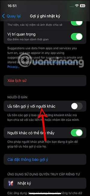Arahan untuk mematikan cadangan dalam Diari pada iPhone