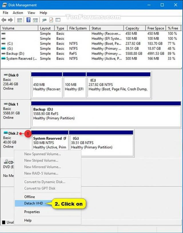 Windows 10 で VHD および VHDX ファイルを添付および分離する方法