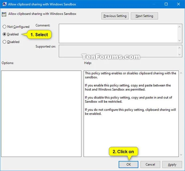 Windows 10'da Windows Sandbox ile pano paylaşımı nasıl etkinleştirilir/devre dışı bırakılır