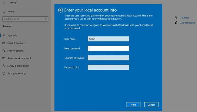 Configurer un compte local dans l'application Paramètres de Windows 10