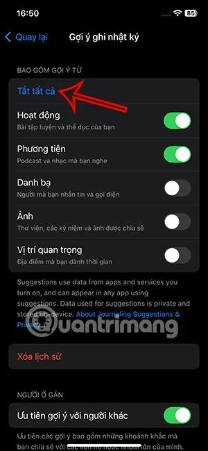 Arahan untuk mematikan cadangan dalam Diari pada iPhone