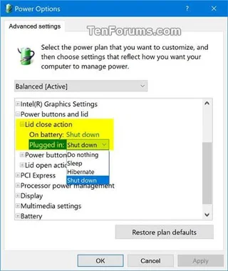 Comment ajouter/supprimer l'action de fermeture du couvercle des options d'alimentation sous Windows