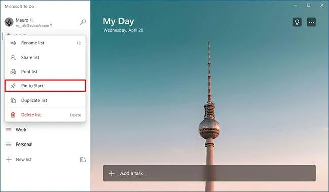 Microsoft Yapılacaklar listesini Windows 10'da Başlat menüsüne sabitleme