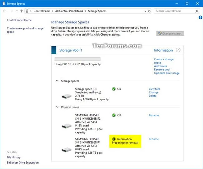 Windows 10'da Depolama Alanlarındaki Depolama Havuzundan bir sürücü nasıl silinir?