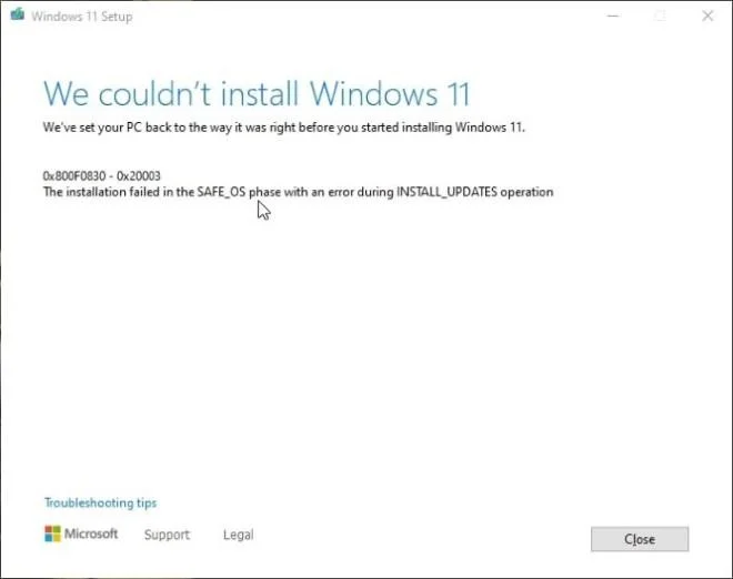 Fouten 0x8007007f en 0x800F0830 - 0x20003 oplossen bij installatie van Windows 11