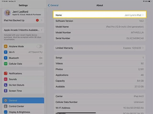 Arahan untuk menukar nama iPad