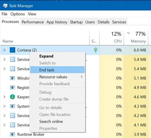 Windows 10'da Cortana penceresini kapatamama hatasını düzeltin