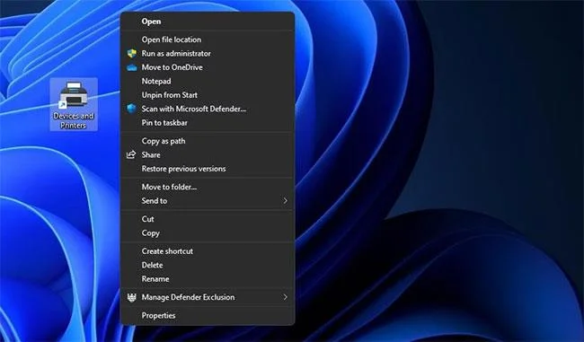 Snelkoppelingen instellen voor de applet Apparaten en printers in Windows 11