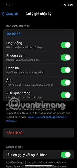 Arahan untuk mematikan cadangan dalam Diari pada iPhone