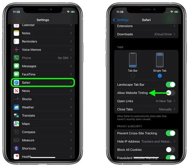 Lumpuhkan ciri Mewarna Laman Web dalam Safari pada iOS 15