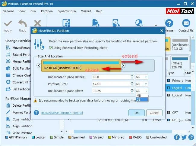 Bagaimana untuk mengalih atau mengubah saiz partition cakera keras Windows