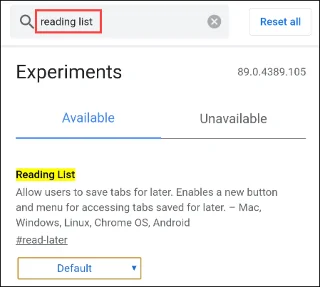Istruzioni per attivare "Elenco di lettura" su Google Chrome Android