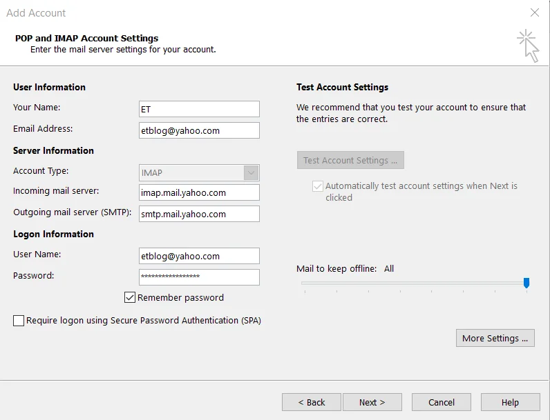 Ajustes de configuración para agregar Yahoo Mail a Outlook