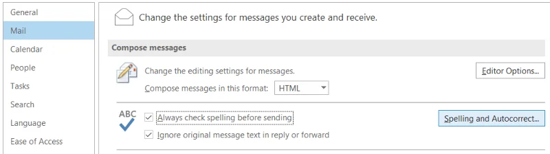 Configurações de Ortografia no Outlook