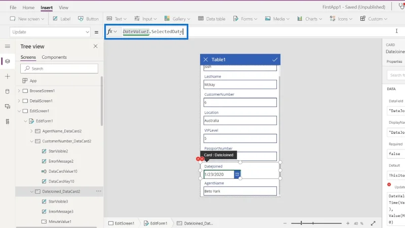 Skrin PowerApps: Mengedit Dan Mengemas kini