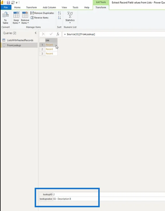 Tutorial do Editor do Power Query: extrair valores de campo de registro de listas