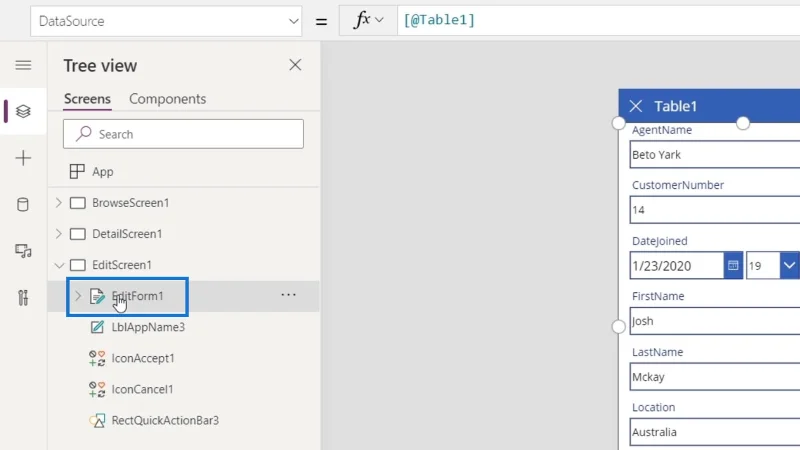 Skrin PowerApps: Mengedit Dan Mengemas kini