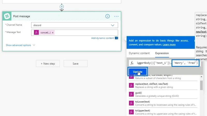 ฟังก์ชันสตริงโฟลว์ของ Microsoft: เชื่อมต่อและแทนที่
