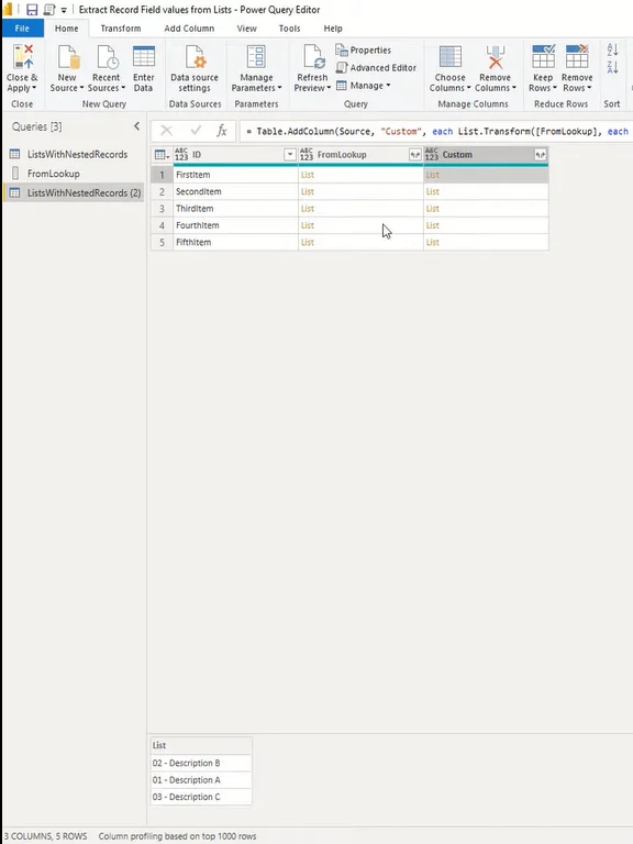 Tutorial do Editor do Power Query: extrair valores de campo de registro de listas