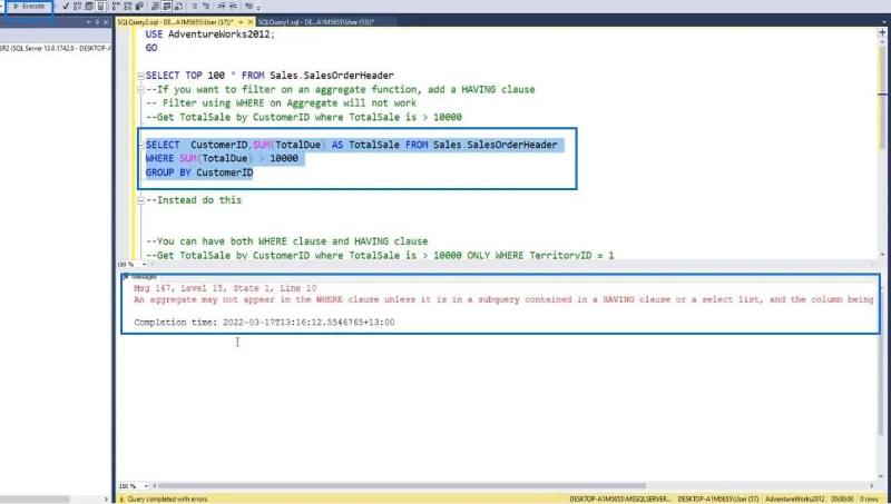 HAVING-Klausel in SQL-Aggregatfunktionen
