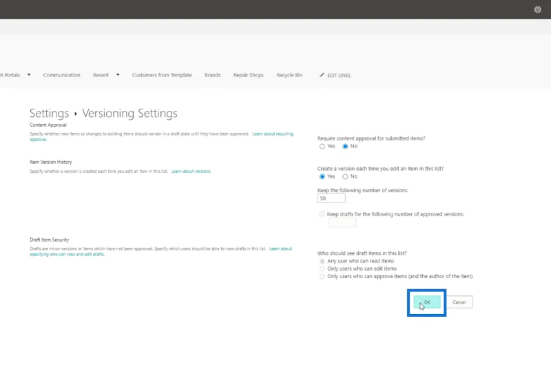 Sejarah Versi Dalam Senarai SharePoint