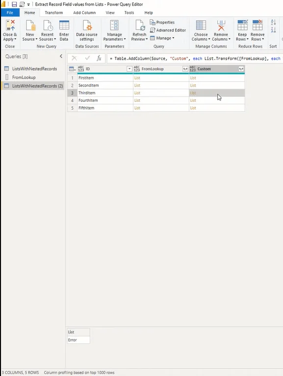 Tutorial do Editor do Power Query: extrair valores de campo de registro de listas