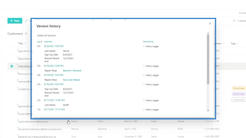 Sejarah Versi Dalam Senarai SharePoint
