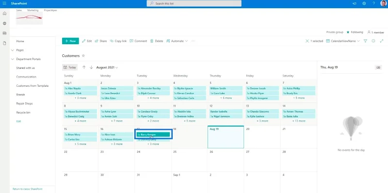 มุมมองปฏิทินรายการ SharePoint