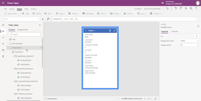 Borang Power Apps Dan Kad Data Dalam Skrin Butiran