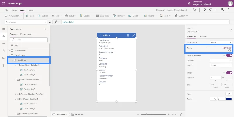 Borang Power Apps Dan Kad Data Dalam Skrin Butiran