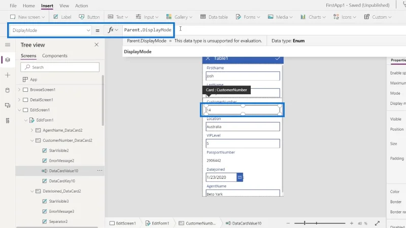 Skrin PowerApps: Mengedit Dan Mengemas kini