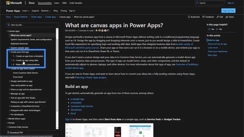 PowerApps-Dokumentation: Verwendung von MS-Dokumenten für Expertenfunktionen